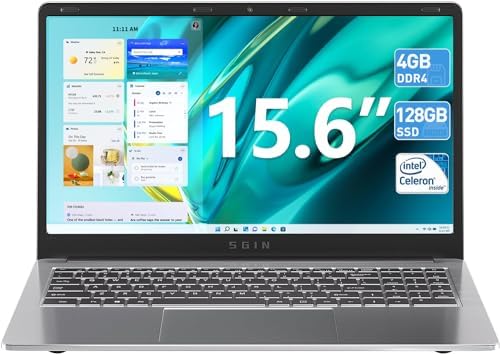 SGIN Laptop 4GB DDR4 RAM 128GB SSD, 15.6 Inch Laptops, Intel Celeron Quad Core Processor, Intel UHD Graphics 600, WiFi, Bluetooth 4.2, USB3.0, Mini HDMI